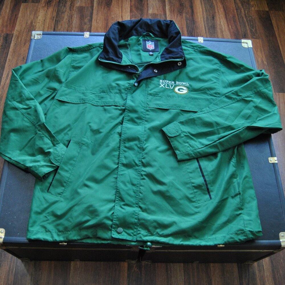 Green Bay Packers XLV NFL Large Green Windbreaker w/ Hideaway Hood